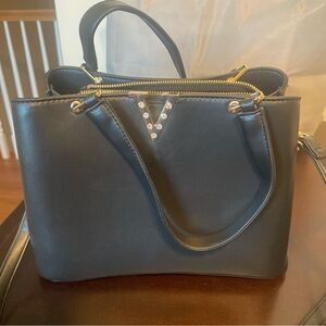 Elegant Black Handbag by Crossi with Deco Jeweled “V” accent